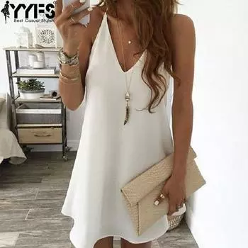 YYFS Женская мода лето весна однотонный принт без рукавов подтяжки V-образный вырез средняя талия повседневные платья S белый