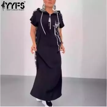 YYFS Women s Fashion Summer Spring Solid Color Print Short Sleeve Hooded Loose Waistline Casual Dresses S чёрный