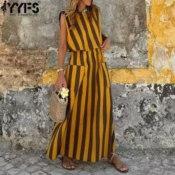 YYFS Женская мода Лето Весна Полосатый Принт Без Рукавов О-Образным Вырезом Средняя Талия Повседневные Платья S жёлтый