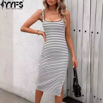 YYFS Женская мода лето весна полосатый принт без рукавов U-образный вырез повседневные платья XS