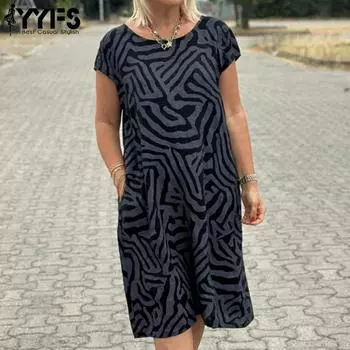 YYFS Women s Fashion Summer Spring Stripe Print Short Sleeve O-Neck Loose Waistline Casual Dresses S чёрный