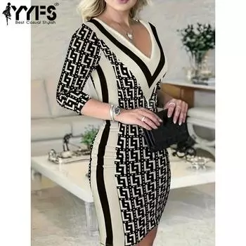 YYFS Женская мода Лето Весна 1/2 Рукава V-образный вырез Высокая талия Повседневные платья S чёрный