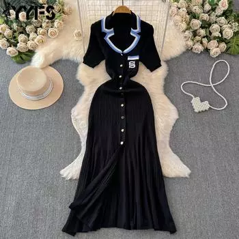 YYFS Женская мода Лето Весна Цвет Блок Принт Короткие рукава Поло Высокая талия Повседневные платья One size чёрный