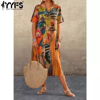 YYFS Женская мода Лето Весна Цвет Блок Принт Короткие рукава О-образный вырез Свободная талия Повседневные платья S жёлтый
