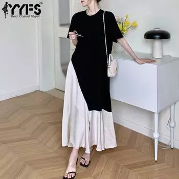 YYFS Женская мода Лето Весна Цвет Блок Принт Короткие рукава О-образный вырез Свободная талия Повседневные платья L чёрный