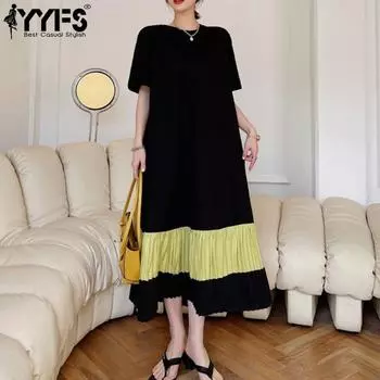YYFS Женская мода Лето Весна Цвет Блок Принт Короткие рукава О-образный вырез Свободная талия Повседневные платья L чёрный