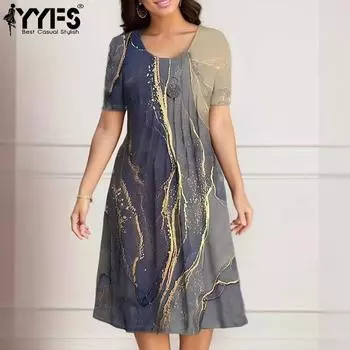 YYFS Женская мода Лето Весна Цвет Блок Принт Короткие рукава О-образный вырез Свободная талия Повседневные платья XL