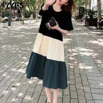 YYFS Женская мода Лето Весна Цвет Блок Принт Короткие рукава О-образный вырез Свободная талия Повседневные платья M темно-зеленого