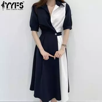 YYFS Женская мода Лето Весна Цветные Блоки Принт Короткие Рукава Поло Высокая Талия Повседневные Платья S тёмно-синий