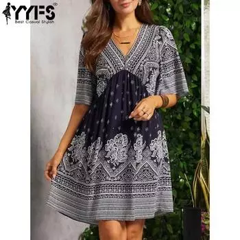 YYFS Женская мода Лето Весна Цветочный узор Принт Короткий рукав V-образный вырез Свободная талия Повседневные платья S