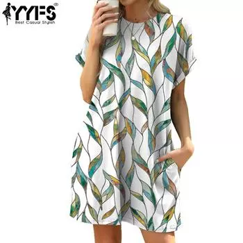 YYFS Женская мода Лето Весна Цветочный узор Принт Короткие рукава О-образный вырез Свободная талия Повседневные платья S