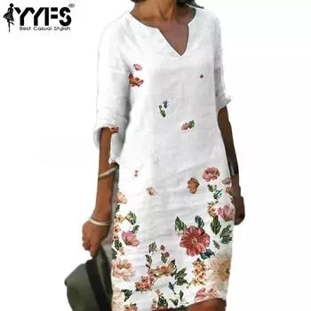 YYFS Женская мода Лето Весна Цветочный узор Принт Рукава 1/2 V-образный вырез Свободная талия Повседневные платья S белый