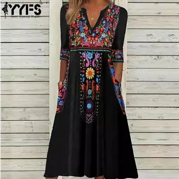 YYFS Женская мода Лето Весна Цветочный узор Принт Короткий рукав V-образный вырез Свободная талия Повседневные платья S чёрный