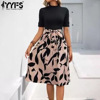 YYFS Женская мода Лето Весна Цветочный узор Принт Короткие рукава О-образный вырез Высокая талия Повседневные платья S хаки