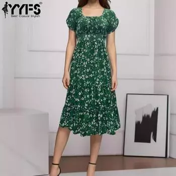 YYFS Женская мода Лето Весна Цветочный узор Принт Короткий рукав Квадратный воротник Высокая талия Повседневные платья S