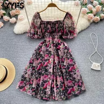 YYFS Женская мода Лето Весна Цветочный узор Принт Короткий рукав Квадратный воротник Высокая талия Повседневные платья One size чёрный