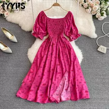 YYFS Женская мода Лето Весна Цветочный узор Принт Короткий рукав Квадратный воротник Высокая талия Повседневные платья One Size