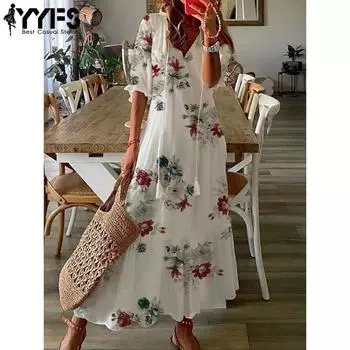 YYFS Женская мода Лето Весна Цветочный узор Принт Рукава 1/2 V-образный вырез Свободная талия Повседневные платья S