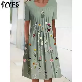 YYFS Женская мода Лето Весна Цветочный узор Принт Короткие рукава О-образный вырез Свободная талия Повседневные платья S