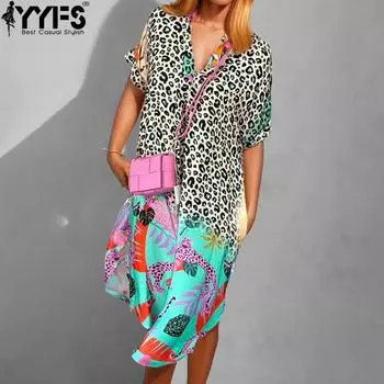 YYFS Женская мода Лето Весна Леопардовый принт Короткие рукава V-образный вырез Свободная талия Повседневные платья S цветной печати леопарда