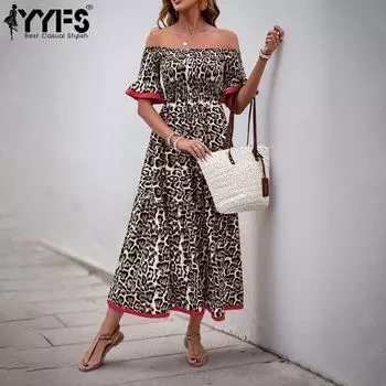 YYFS Женская мода Лето Весна Леопардовый принт Короткий рукав Одно плечо Высокая талия Повседневные платья S