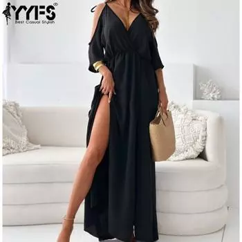 YYFS Женская мода Лето Весна Однотонный Принт Рукава 1/2 V-образный вырез Средняя Талия Повседневные Платья S чёрный
