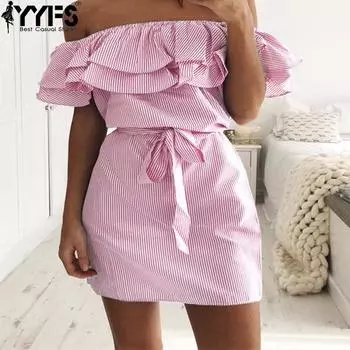 YYFS Женская мода Лето Весна Полосатый Принт Короткий рукав Одно плечо Высокая талия Повседневные платья S розовый