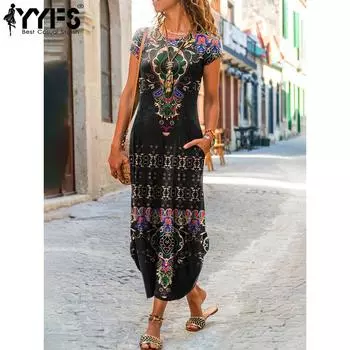 YYFS Женская мода Лето Весна Принт Короткие рукава О-образный вырез Средняя талия Повседневные платья S
