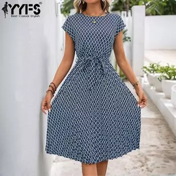 YYFS Женская мода Лето Весна Ромб Принт Короткие рукава О-образный вырез Высокая талия Повседневные платья XS синий