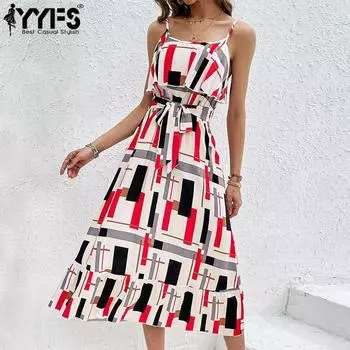 YYFS Женская мода Лето Весна в полоску с принтом без рукавов повседневные платья S белый