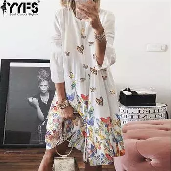 YYFS Женская мода лето весна 3/4 рукава О-образный вырез свободная талия повседневные платья S слоновая кость