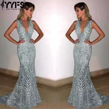 YYFS Женская мода лето весна без рукавов с высокой талией V-образным вырезом коктейльные и вечерние платья S серебряный