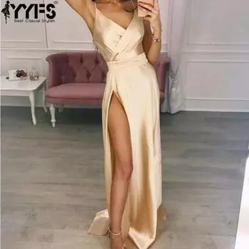 YYFS Женская мода лето весна без рукавов с высокой талией V-образным вырезом коктейльные и вечерние платья