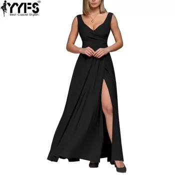 YYFS Женская мода лето весна без рукавов с высокой талией V-образным вырезом коктейльные и вечерние платья S чёрный