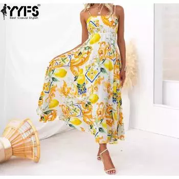 YYFS Женская мода Лето Весна Без рукавов Подтяжки Высокая талия Повседневные платья S жёлтый