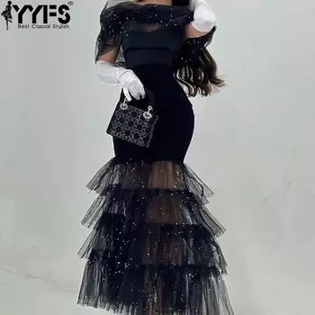 YYFS Женская мода лето весна без рукавов с высокой талией на одно плечо коктейльные и вечерние платья S чёрный