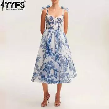 YYFS Женская мода лето весна без рукавов с высокой талией V-образным вырезом коктейльные и вечерние платья S синий