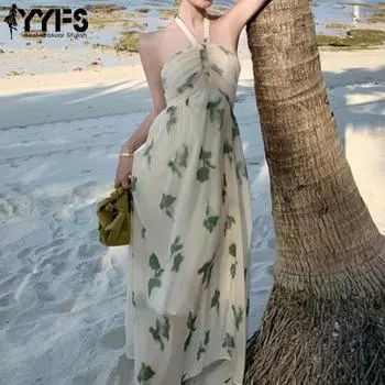 YYFS Женская мода лето весна без рукавов свисающий вырез высокая талия повседневные платья S зелёный