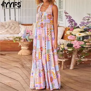 YYFS Женская мода лето весна без рукавов U-образный вырез свободная талия повседневные платья S розовый