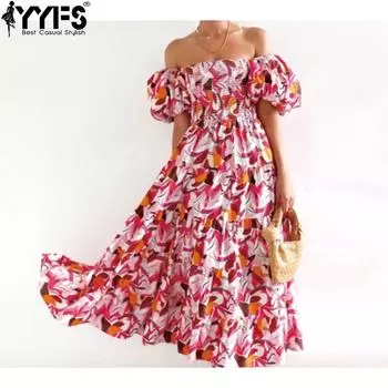 YYFS Женская мода лето весна цвет блок принт без рукавов одно плечо высокая талия повседневные платья S