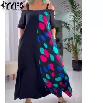 YYFS Женская мода лето весна цвет блок принт короткий рукав подтяжки свободная талия повседневные платья S чёрный
