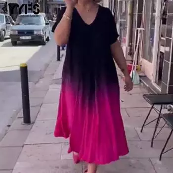 YYFS Женская мода лето весна цвет блок принт короткий рукав V-образный вырез свободная талия повседневные платья S красный