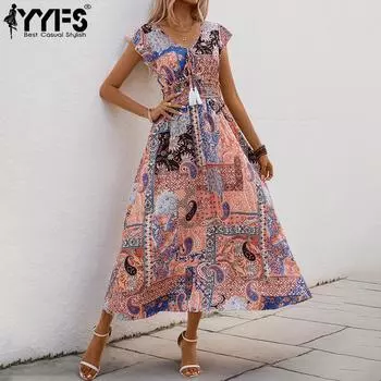 YYFS Женская мода лето весна цвет блок принт без рукавов V-образный вырез высокая талия повседневные платья S светло-коричневого