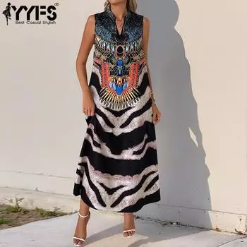 YYFS Женская мода лето весна цвет блок принт без рукавов V-образный вырез свободная талия повседневные платья S чёрный