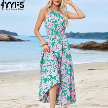 YYFS Женская мода лето весна цвет блок принт без рукавов свисающий вырез высокая талия повседневные платья S