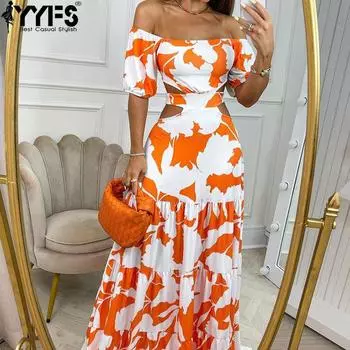 YYFS Женская мода лето весна цвет блок принт короткий рукав одно плечо высокая талия повседневные платья S оранжевый