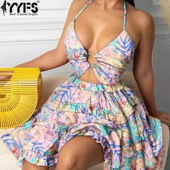 YYFS Женская мода лето весна цвет блок принт без рукавов V-образный вырез высокая талия повседневные платья S розовый