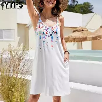 YYFS Женская мода лето весна цвет блок принт без рукавов U-образный вырез свободная талия повседневные платья S белый