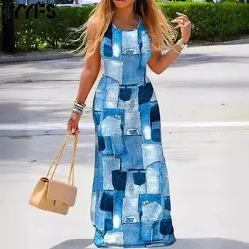 YYFS Женская мода лето весна цвет блок принт без рукавов О-образный вырез высокая талия повседневные платья S синий