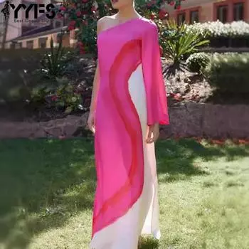 YYFS Женская мода лето весна цвет блок принт длинный рукав косой воротник свободная талия повседневные платья S